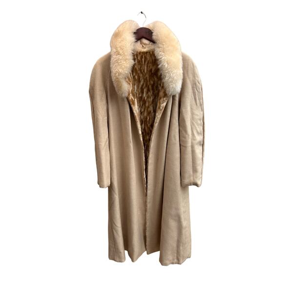 Vintage Beige Penny Lane Faux Fur Collar Long Coat Medium - Picture 1 of 5